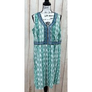 J. Jill‎ Sleeveless Embroidered Ikat Dress Medium Green Blue White Cotton Boho